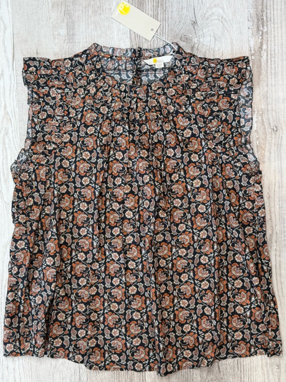 Boden Black paisley ruffle sleeveless blouse metallic thread stripe Size 10 M